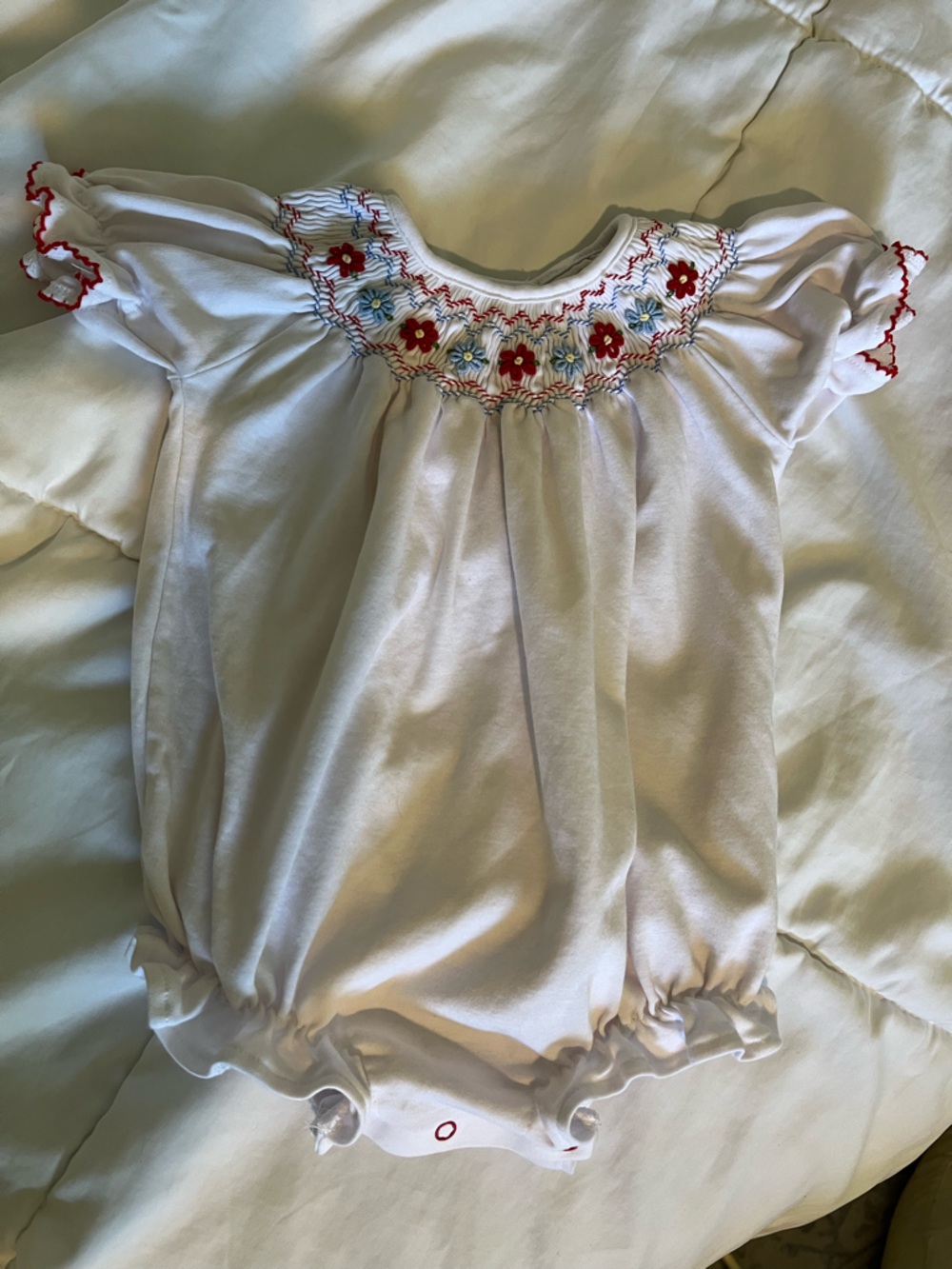 Short sleeved Bridget bubble white Smocked with Red & Blue Floral Embroidery